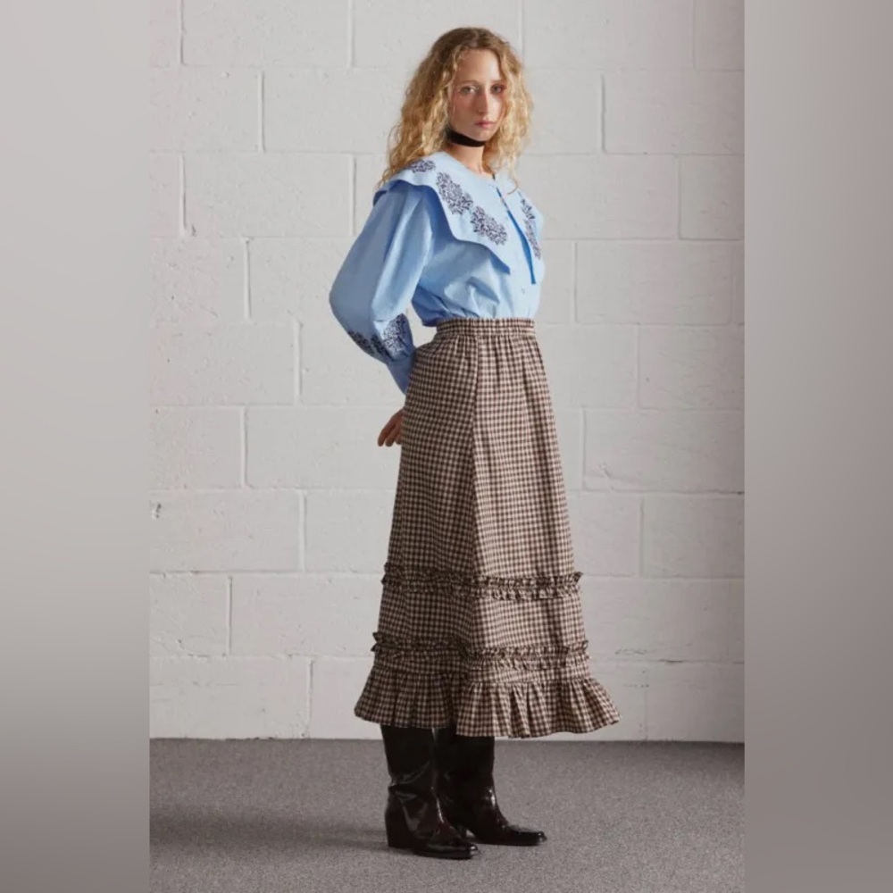 DAMSON MADDER Rina Ruffle Skirt in Chocolate Check UK 12 / US 8 - Picture 4 of 16